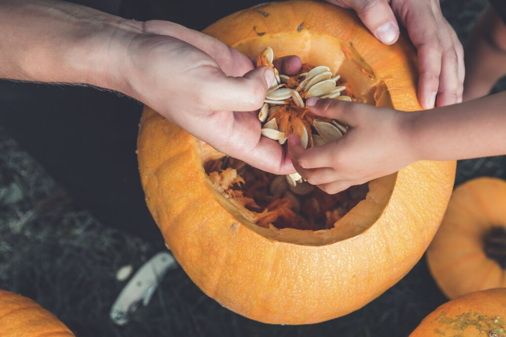 two hands cleaning out a pumpkin